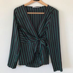Zara satin striped long sleeve tie front blouse